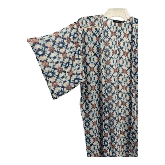 Cure Top Womens Large Wrap Ivory Blue Rust Geometric Sheer Lace Trim At Shoulder - Picture 3 of 8